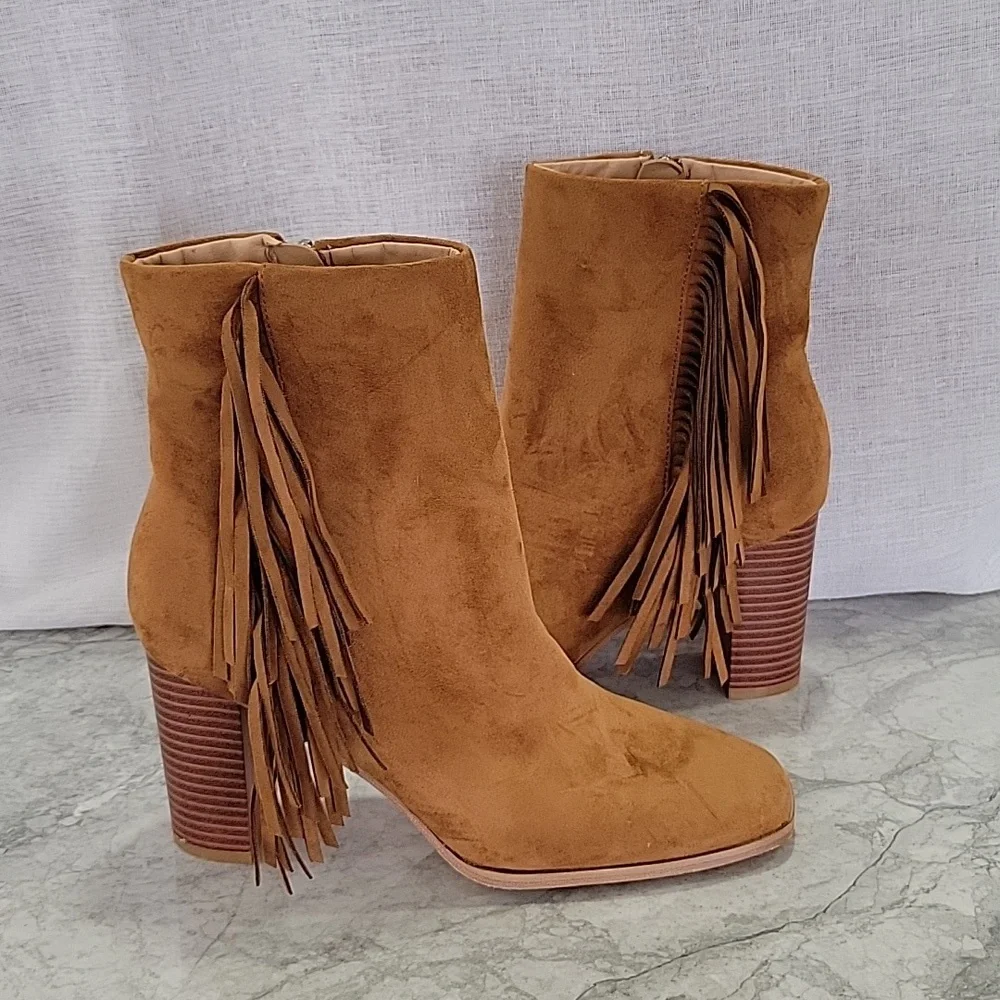 Women's Square Toe Chunky Block Heel Fringe Side Zipper Ankle Boots - Picture 5 of 9